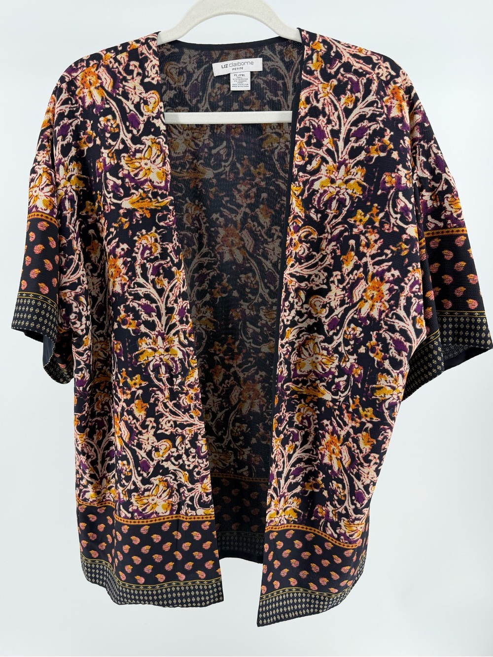 Liz Claiborne Black Floral Boho Print Open Front Kimono Cardigan Topper, PL/PXL